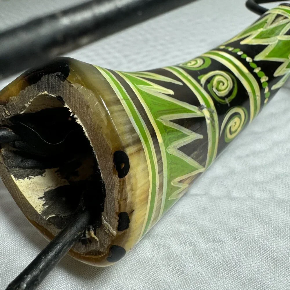 Vintage Handcrafted Tribal Candle Holder With African Motif Metal & Cow Horn - Picture 4 of 8